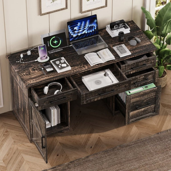 English Elm 55 Inch Farmhouse Executive Desk with Built-In Charging Station Five Drawers and Barn Cabinet Gray N733P458434G