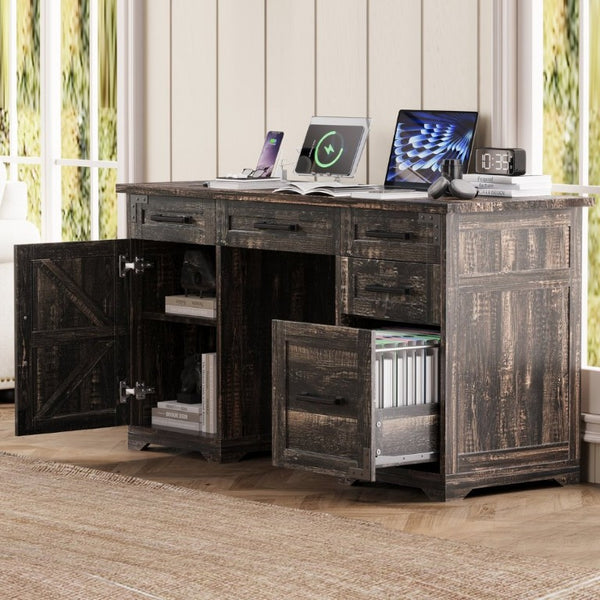 English Elm 55 Inch Farmhouse Executive Desk with Built-In Charging Station Five Drawers and Barn Cabinet Gray N733P458434G