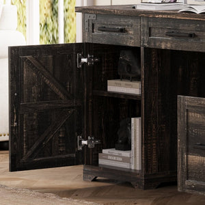 English Elm 55 Inch Farmhouse Executive Desk with Built-In Charging Station Five Drawers and Barn Cabinet Gray N733P458434G