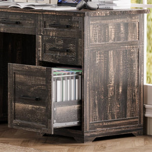 English Elm 55 Inch Farmhouse Executive Desk with Built-In Charging Station Five Drawers and Barn Cabinet Gray N733P458434G