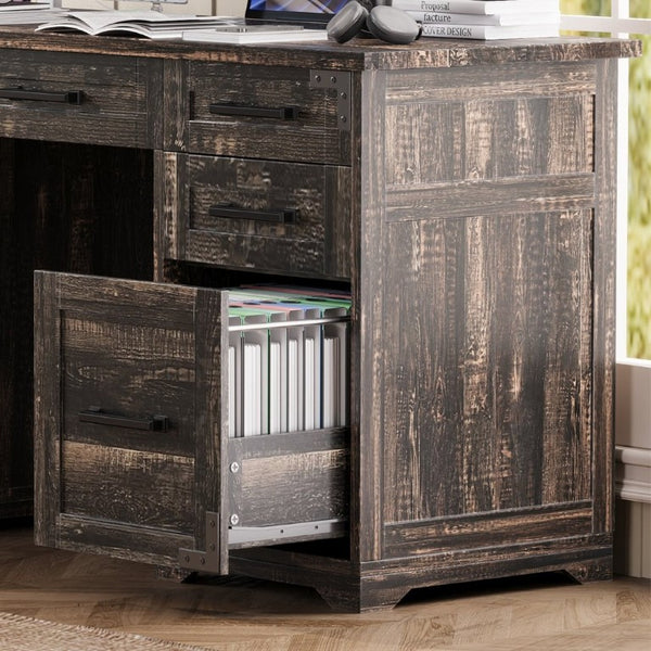English Elm 55 Inch Farmhouse Executive Desk with Built-In Charging Station Five Drawers and Barn Cabinet Gray N733P458434G
