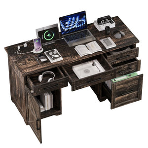 English Elm 55 Inch Farmhouse Executive Desk with Built-In Charging Station Five Drawers and Barn Cabinet Gray N733P458434G