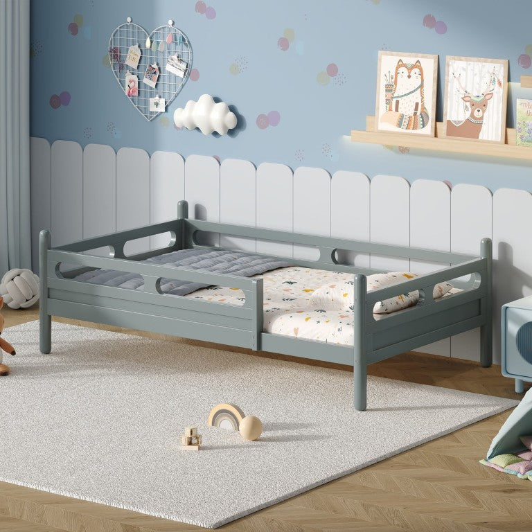 English Elm Twin Kids Platform Bed Solid Wood Slat Base Low Profile Safety Rails Bedroom Grey N733P484177E