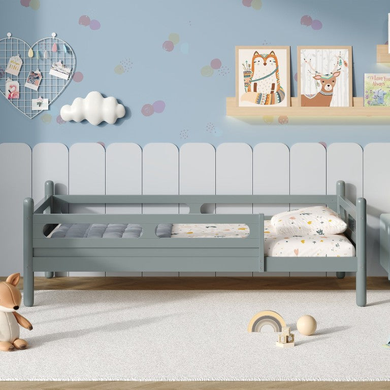 English Elm Twin Kids Platform Bed Solid Wood Slat Base Low Profile Safety Rails Bedroom Grey N733P484177E
