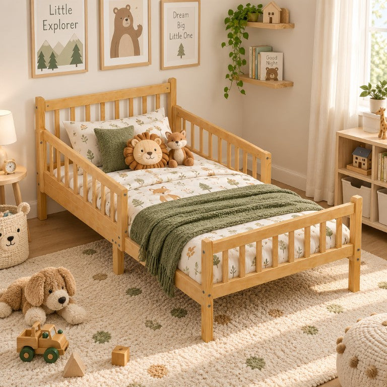English Elm Twin Pine Platform Bed for Kids with Slat Headboard and Removable Safety Rails N733P525620N