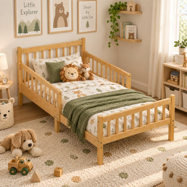 English Elm Twin Pine Platform Bed for Kids with Slat Headboard and Removable Safety Rails N733P525620N