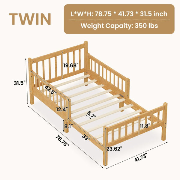 English Elm Twin Pine Platform Bed for Kids with Slat Headboard and Removable Safety Rails N733P525620N