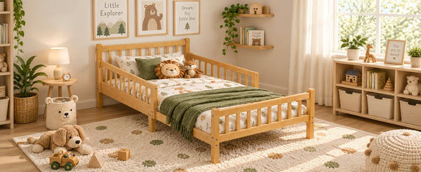 English Elm Twin Pine Platform Bed for Kids with Slat Headboard and Removable Safety Rails N733P525620N