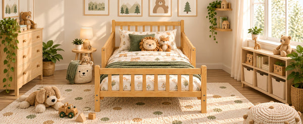English Elm Twin Pine Platform Bed for Kids with Slat Headboard and Removable Safety Rails N733P525620N