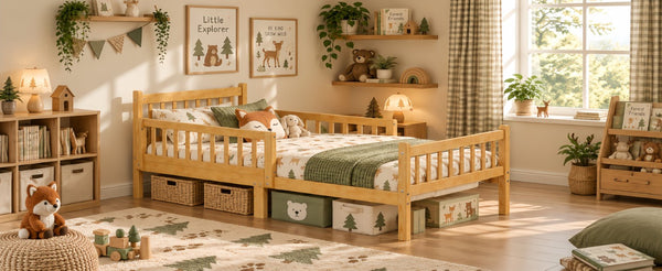 English Elm Twin Pine Platform Bed for Kids with Slat Headboard and Removable Safety Rails N733P525620N