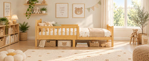 English Elm Twin Pine Platform Bed for Kids with Slat Headboard and Removable Safety Rails N733P525620N