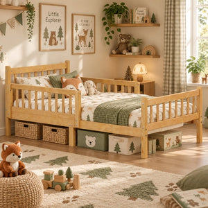 English Elm Twin Pine Platform Bed for Kids with Slat Headboard and Removable Safety Rails N733P525620N