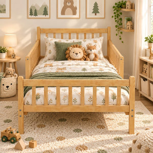 English Elm Twin Pine Platform Bed for Kids with Slat Headboard and Removable Safety Rails N733P525620N