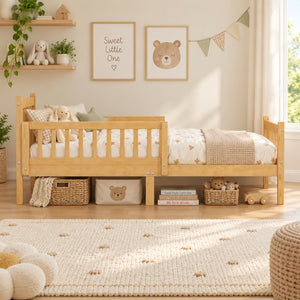 English Elm Twin Pine Platform Bed for Kids with Slat Headboard and Removable Safety Rails N733P525620N