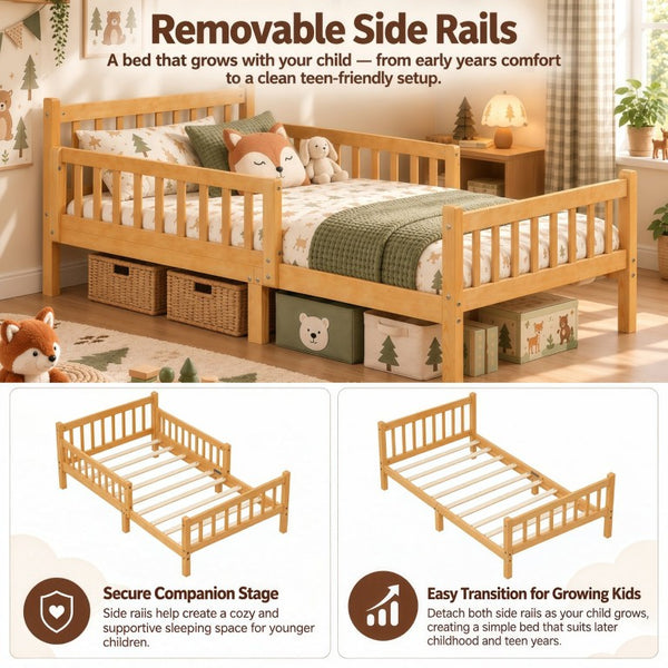 English Elm Twin Pine Platform Bed for Kids with Slat Headboard and Removable Safety Rails N733P525620N