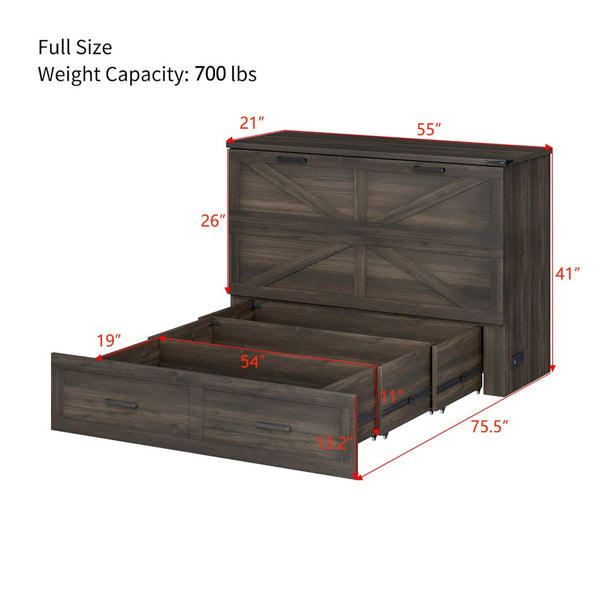 English Elm Full Size Farmhouse Murphy Cabinet Bed with Storage Drawer and Built-in Charging Station N733S361798G