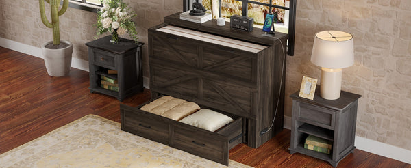 English Elm Full Size Farmhouse Murphy Cabinet Bed with Storage Drawer and Built-in Charging Station N733S361798G