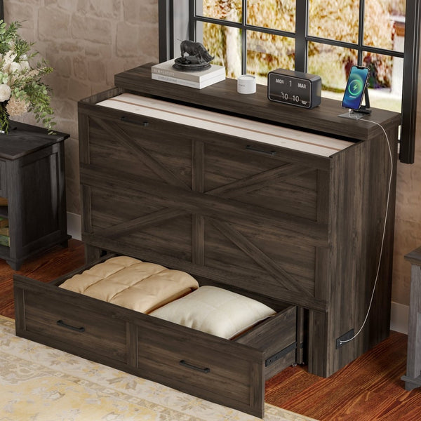 English Elm Full Size Farmhouse Murphy Cabinet Bed with Storage Drawer and Built-in Charging Station N733S361798G