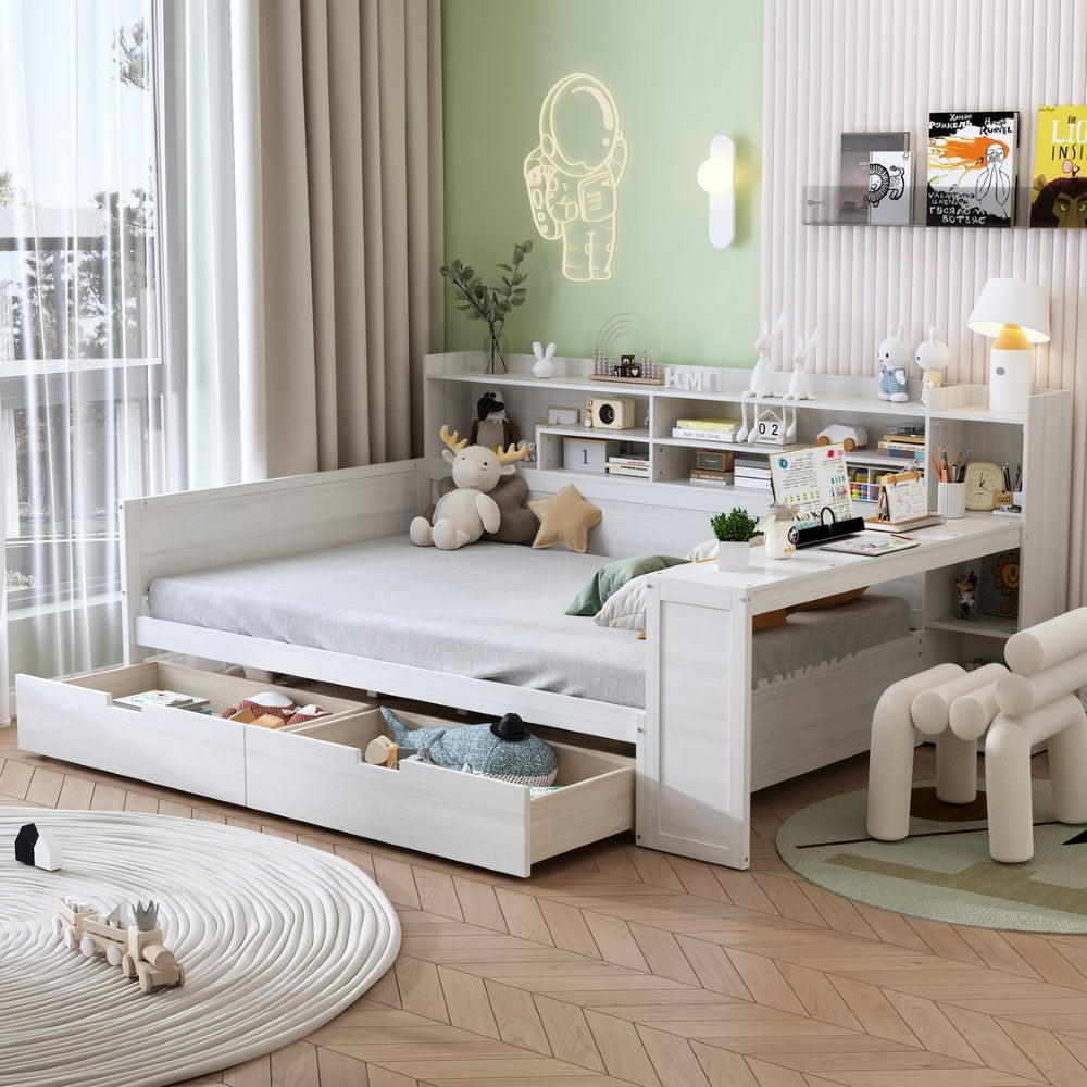 English Elm Wooden Full Bed with Built-in Desk Two Drawers and Side Shelves in Antique White N733S373385K