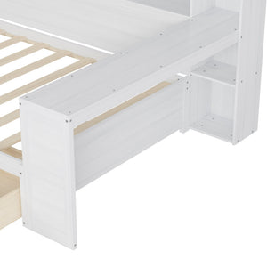 English Elm Wooden Full Bed with Built-in Desk Two Drawers and Side Shelves in Antique White N733S373385K