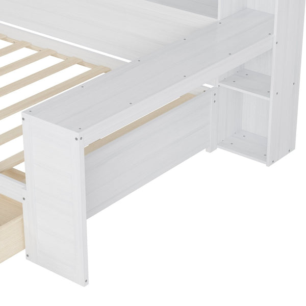 English Elm Wooden Full Bed with Built-in Desk Two Drawers and Side Shelves in Antique White N733S373385K