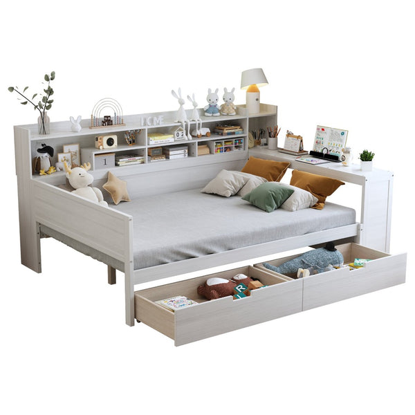 English Elm Wooden Full Bed with Built-in Desk Two Drawers and Side Shelves in Antique White N733S373385K