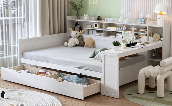 English Elm Wooden Full Bed with Built-in Desk Two Drawers and Side Shelves in Antique White N733S373385K