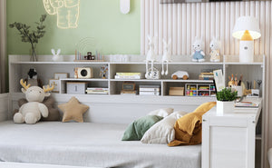 English Elm Wooden Full Bed with Built-in Desk Two Drawers and Side Shelves in Antique White N733S373385K