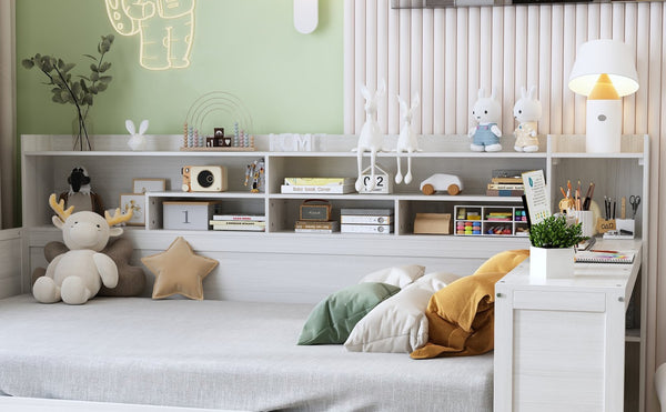 English Elm Wooden Full Bed with Built-in Desk Two Drawers and Side Shelves in Antique White N733S373385K