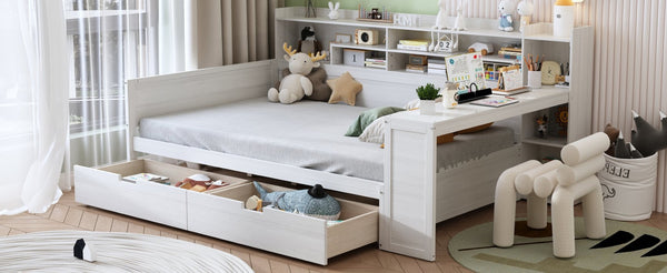 English Elm Wooden Full Bed with Built-in Desk Two Drawers and Side Shelves in Antique White N733S373385K
