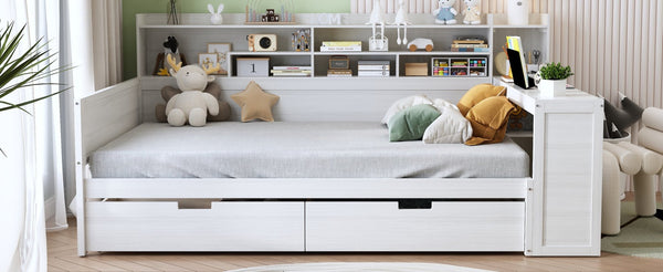 English Elm Wooden Full Bed with Built-in Desk Two Drawers and Side Shelves in Antique White N733S373385K