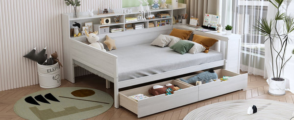 English Elm Wooden Full Bed with Built-in Desk Two Drawers and Side Shelves in Antique White N733S373385K