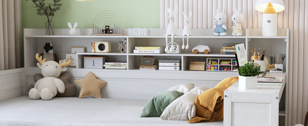 English Elm Wooden Full Bed with Built-in Desk Two Drawers and Side Shelves in Antique White N733S373385K