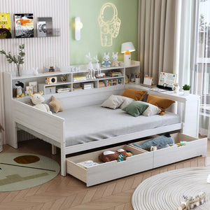 English Elm Wooden Full Bed with Built-in Desk Two Drawers and Side Shelves in Antique White N733S373385K