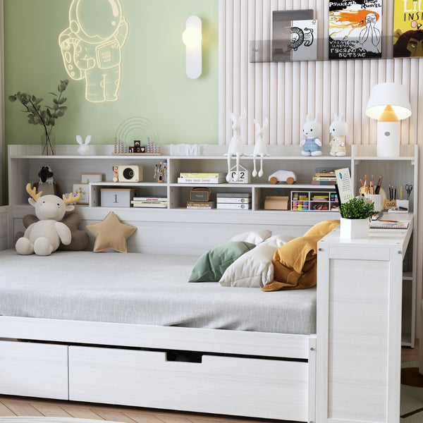 English Elm Wooden Full Bed with Built-in Desk Two Drawers and Side Shelves in Antique White N733S373385K
