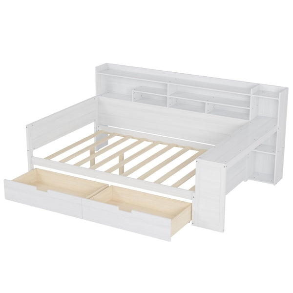 English Elm Wooden Full Bed with Built-in Desk Two Drawers and Side Shelves in Antique White N733S373385K