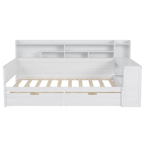 English Elm Wooden Full Bed with Built-in Desk Two Drawers and Side Shelves in Antique White N733S373385K