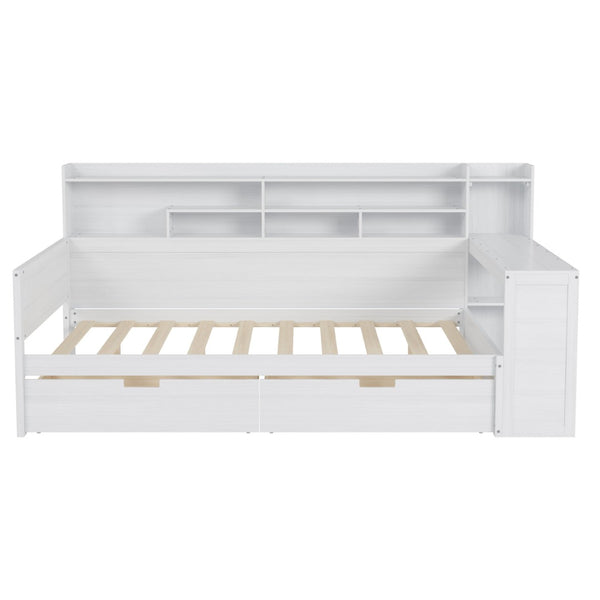 English Elm Wooden Full Bed with Built-in Desk Two Drawers and Side Shelves in Antique White N733S373385K