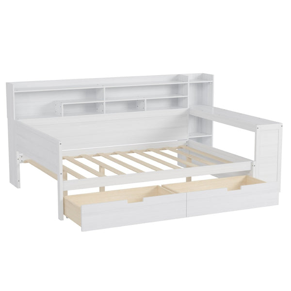 English Elm Wooden Full Bed with Built-in Desk Two Drawers and Side Shelves in Antique White N733S373385K
