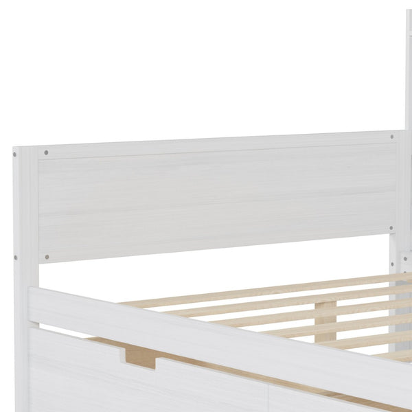 English Elm Wooden Full Bed with Built-in Desk Two Drawers and Side Shelves in Antique White N733S373385K