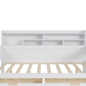 English Elm Wooden Full Bed with Built-in Desk Two Drawers and Side Shelves in Antique White N733S373385K