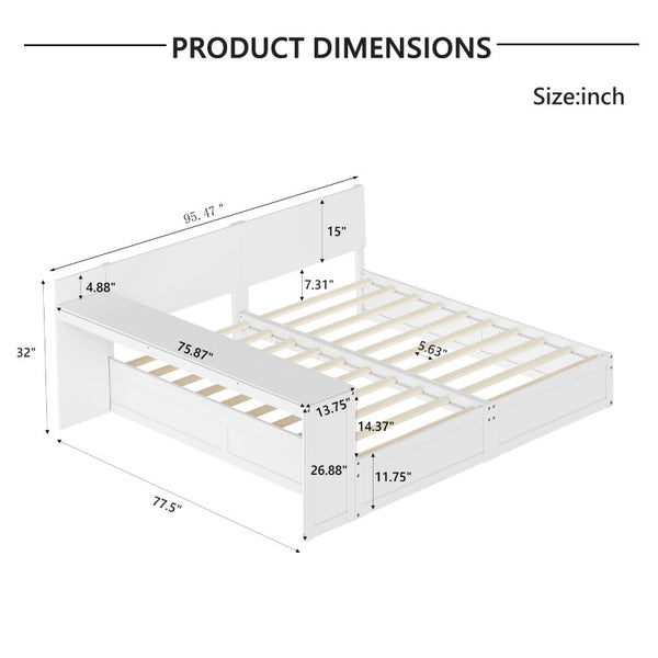 English Elm Twin Platform Bed with Built-In Desk Footboard Drawers and Walnut Wood Finish White 95.47 L x 77.5 W x 32 H N733S428694K