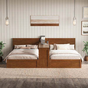 English Elm Twin Platform Bed Set with Adjustable Shared Desk Walnut Rubberwood Kids Room N733S428694L