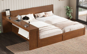 English Elm Twin Platform Bed Set with Adjustable Shared Desk Walnut Rubberwood Kids Room N733S428694L