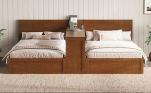 English Elm Twin Platform Bed Set with Adjustable Shared Desk Walnut Rubberwood Kids Room N733S428694L
