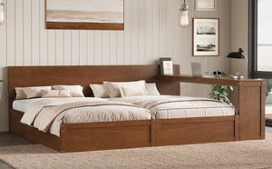 English Elm Twin Platform Bed Set with Adjustable Shared Desk Walnut Rubberwood Kids Room N733S428694L