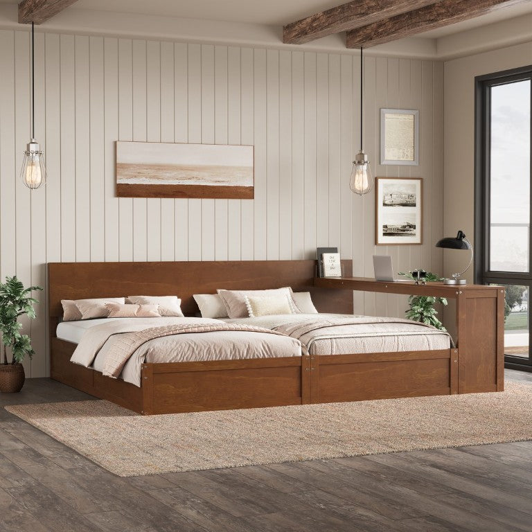 English Elm Twin Platform Bed Set with Adjustable Shared Desk Walnut Rubberwood Kids Room N733S428694L