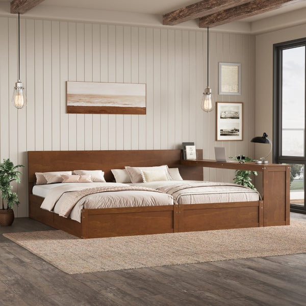English Elm Twin Platform Bed Set with Adjustable Shared Desk Walnut Rubberwood Kids Room N733S428694L