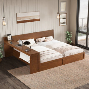 English Elm Twin Platform Bed Set with Adjustable Shared Desk Walnut Rubberwood Kids Room N733S428694L