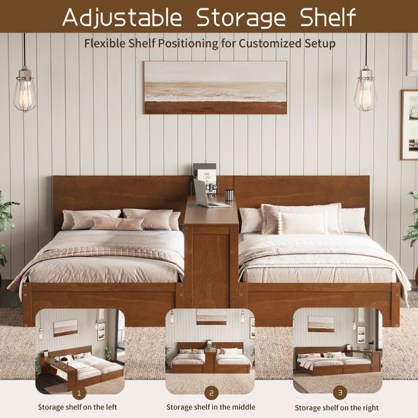 English Elm Twin Platform Bed Set with Adjustable Shared Desk Walnut Rubberwood Kids Room N733S428694L